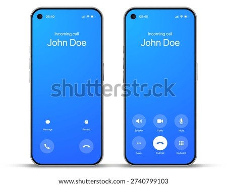 Voice call screen. Mockup incoming call, voicemail screen, smartphone interface vector UI UX template for application. New Call screen template. Mobile app display template. Vector illustration.