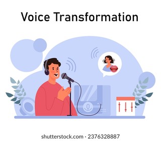 Voice changer or voice enhancer. Man speaking on microphone with female voice. Device changing the tone or pitch of user's voice. Social media communication. Flat vector illustration