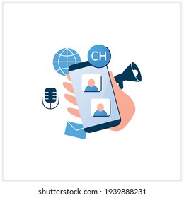 Voice chat app flat icon. Communication application with friends. Listening lecture. Hand keeps phone. Voice communicate concept. 3d vector illustration