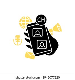 Voice chat app glyph icon. Communication application with friends. Listening lecture. Hand keeps phone. Voice communicate concept. Filled flat sign. Isolated silhouette vector illustration