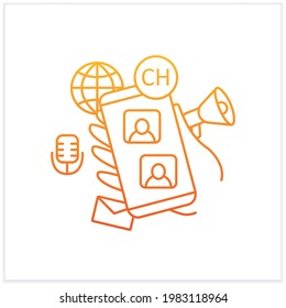 Icono de gradiente de aplicación de chat de voz. Aplicación de comunicación con amigos. Conferencia de escucha. Mano mantiene el teléfono. Ilustración vectorial aislada.Adecuada para banners, aplicaciones móviles y presentación