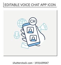 Voice chat app line icon. Communication application with friends. Listening lecture. Hand keeps phone. Voice communicate concept. Isolated vector illustration.Editable stroke