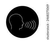 Voice command control with sound waves icon. Black man head silhouette speaking logo.
