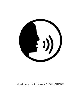 Voice command control with sound waves icon. Man head silhouette speaking logo. Vector on isolated white background. EPS 10