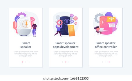 Voice command device icons set. Wireless virtual assistant. Smart speaker, smart speaker apps development, smart speaker office controller metaphors. Mobile app UI interface wireframe template.