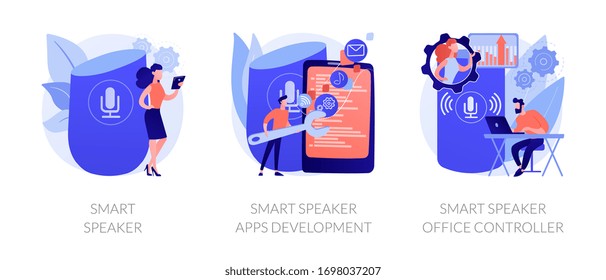 Voice command device icons set. Wireless virtual assistant. Smart speaker, smart speaker apps development, smart speaker office controller metaphors. Vector isolated concept metaphor illustrations