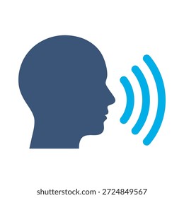 Comando de voz ícone azul vetor plano design cabeça símbolo de som falar reconhecimento de áudio controle gráfico elemento sinal