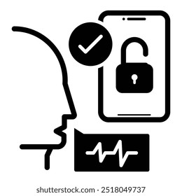 Ícone de Comando de Voz. Silhueta de uma cabeça falando com um smartphone, representando ativação de voz e control.Flat estilo. 