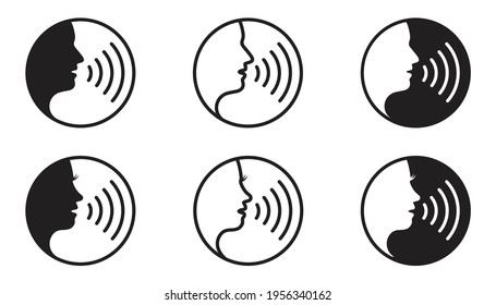 Voice command icon with sound waves, man and woman Speaking icon, talking with open mouth. vector illustration