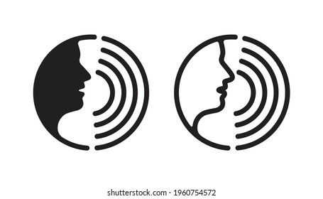 Voice command icon with sound waves, Speaking icon, talking with open mouth. vector illustration