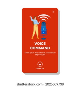 Voice Command Personal Assistant Talk Girl Vector. Young Girl Speak Voice Command zur Steuerung oder Erstellung von Aufgaben auf Smartphone-App. Illustration zum Zeichentabild-Mikrofon