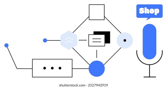 Voice command for shopping. Microphone with dialogue bubble. Geometric shapes connected by lines. Ideal for e-commerce, voice technology, smart home, digital communication, interface design. Modern