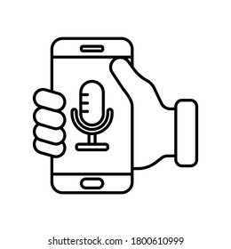 Voice command with sound icon. Line style. Smartphone in hand with microphone. Vector illustration. EPS 10