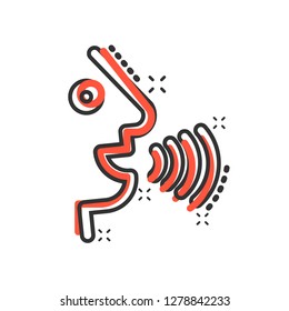 Voice command with sound waves icon in comic style. Speak control vector cartoon illustration pictogram. Speaker people business concept splash effect.