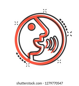 Voice command with sound waves icon in comic style. Speak control vector cartoon illustration pictogram. Speaker people business concept splash effect.
