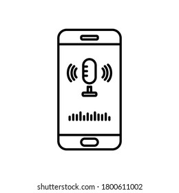 Comando de voz con el icono de ondas de sonido. Estilo de línea. Smartphone con micrófono. Ilustración vectorial. EPS 10