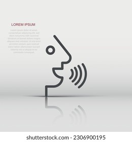 Voice command with sound waves icon in flat style. Speak control vector illustration on white isolated background. Speaker people business concept.