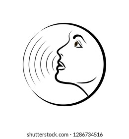 Voice command with sound waves. Silhouette speaking. Voice icon. Person talking. Woman says. Voice recognition on white background. Vector illustration.