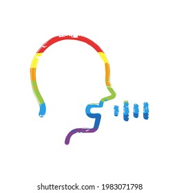 Comando de voz, persona que habla, icono simple. Signo de dibujo con estilo LGBT, siete colores arcoiris (rojo, naranja, amarillo, verde, azul, índigo, violeta)