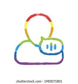 Voice command, speaking person, simple icon. Drawing sign with LGBT style, seven colors of rainbow (red, orange, yellow, green, blue, indigo, violet