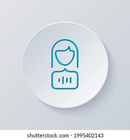 Comando de voz, persona que habla, icono simple. Cortar círculo con capas grises y azules. Estilo de papel