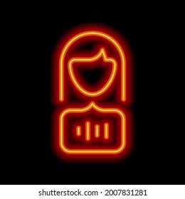 Sprachbefehl, sprechende Person, einfaches Symbol. orangefarbener Neonstil auf schwarzem Hintergrund. Leuchtlineares Symbol mit bearbeitbarem Hub