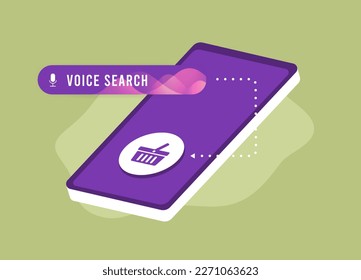 Voice Commerce Search shopping e-commerce business concept. Voice-enabled speech recognition search digital marketing strategy. Sound recognition with search bar, smartphone and add to basket icon