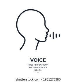 Voice concept. Human face with sound waves editable stroke outline icon isolated on white background flat vector illustration. Pixel perfect. 64 x 64.