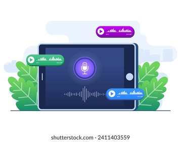 Voice control application on the tablet screen, Voice message, Voice recognition, Online voice assistance concept flat illustration vector template