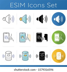 Voice control apps icons set. Loudspeaker, sound speaker. Forecast mobile app, smart devices, search request. Wireless technology. Linear, black and color styles. Isolated vector illustration