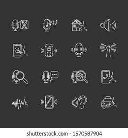 Voice control chalk icons set. Sound request idea. Speech recognition process. Microphone using modes, recording equipment. Remote controlled apps. Isolated vector chalkboard illustrations