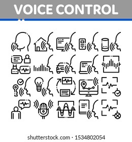 Voice Control Collection Elements Icons Set Vector Thin Line. Voice Controlling Smart House And Car, Laptop And Smartphone Concept Linear Pictograms. Monochrome Contour Illustrations