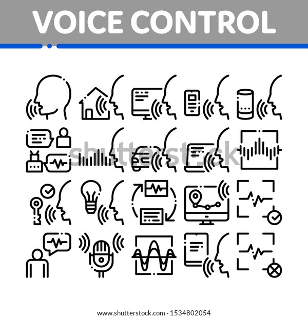 Voice\
Control Collection Elements Icons Set Vector Thin Line. Voice\
Controlling Smart House And Car, Laptop And Smartphone Concept\
Linear Pictograms. Monochrome Contour\
Illustrations