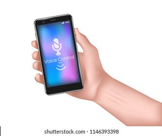 Voice control concept. Hand of man holds the phone. realistic icon smartphone. stock vector illustration