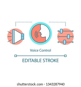 Voice control concept icon. Audio recording studio. Public speaking tips. Sound volume, tone settings. Rhetoric idea thin line illustration. Vector isolated outline drawing. Editable stroke