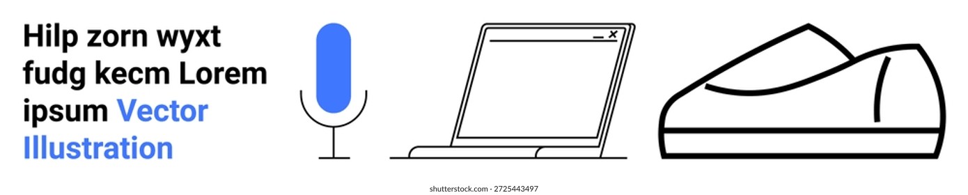 Voice control, digital collaboration, wearable technology, smart devices, innovation, tech lifestyle. Blue microphone icon, laptop abstract sneaker. Voice control and digital collaboration concept