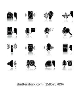 Voice control drop shadow black glyph icons set. Sound request. Remote controlled apps. Speech recognition process. Microphone using modes, recording equipment. Isolated vector illustrations