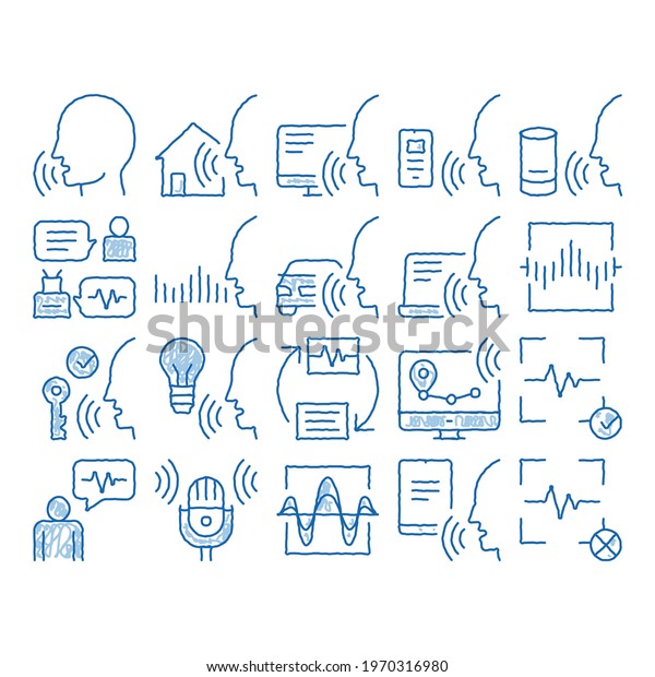 Voice Control Elements sketch icon vector.\
Hand drawn blue doodle line art Voice Controlling Smart House And\
Car, Laptop And Smartphone\
Illustrations