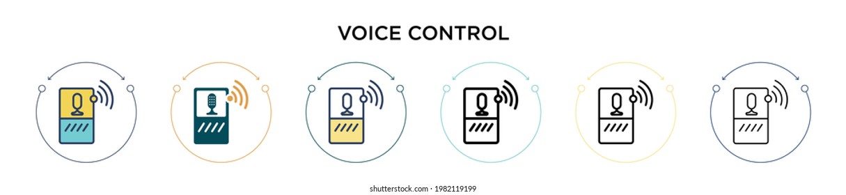 Icono de control de voz en estilo relleno, delgado, contorno y trazo. Ilustración vectorial de dos diseños de iconos vectoriales de control de voz en color y negro para móviles, ui, web