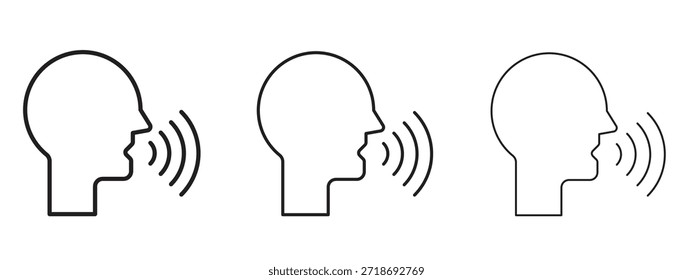 Conjunto de pictogramas negros con el logotipo del icono de control de voz. arte de contorno de línea delgada.