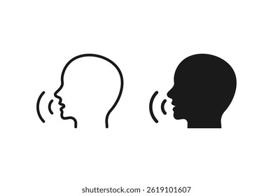 Voice control icon set. Human head with sound waves, representing communication and speaking