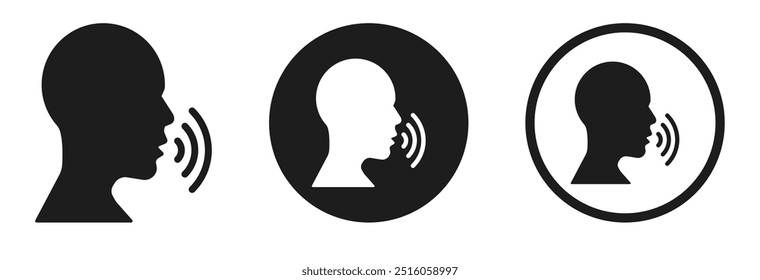 Voice control icons. Podcaster symbol. Talking person sign. Man with open mouth vector icon