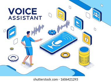 Voice control isometric 3d illustration, man recording audio message on mobile phone using smart speaker, modern communication concept, speech recognition, identification application, ai technolodgy