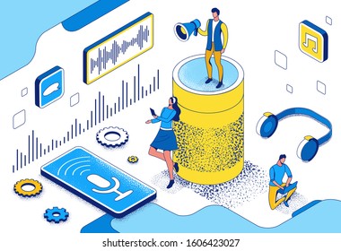 Voice control isometric 3d illustration, man recording audio message on mobile phone using smart speaker, modern communication concept, speech recognition, identification application, ai technolodgy