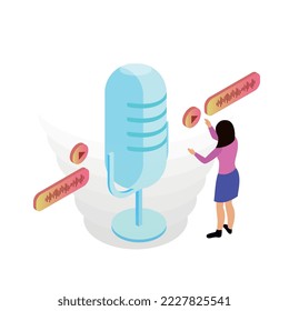 Voice control isometric composition with people controlling smart devices with speak commands vector illustration