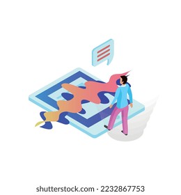 Voice control isometric composition with people controlling smart devices with speak commands vector illustration