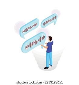 Voice control isometric composition with people controlling smart devices with speak commands vector illustration