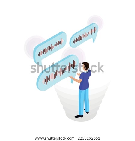 Voice control isometric composition with people controlling smart devices with speak commands vector illustration