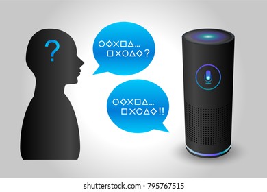 Voice control smart speaker black color and man. vector illustration.