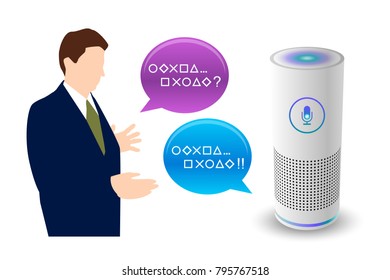 Voice control smart speaker white color and man. vector illustration.